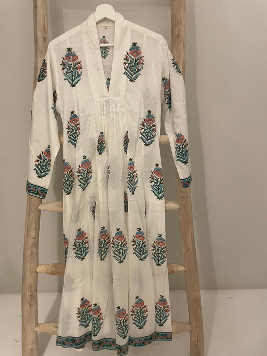 White dress with green blue thistle