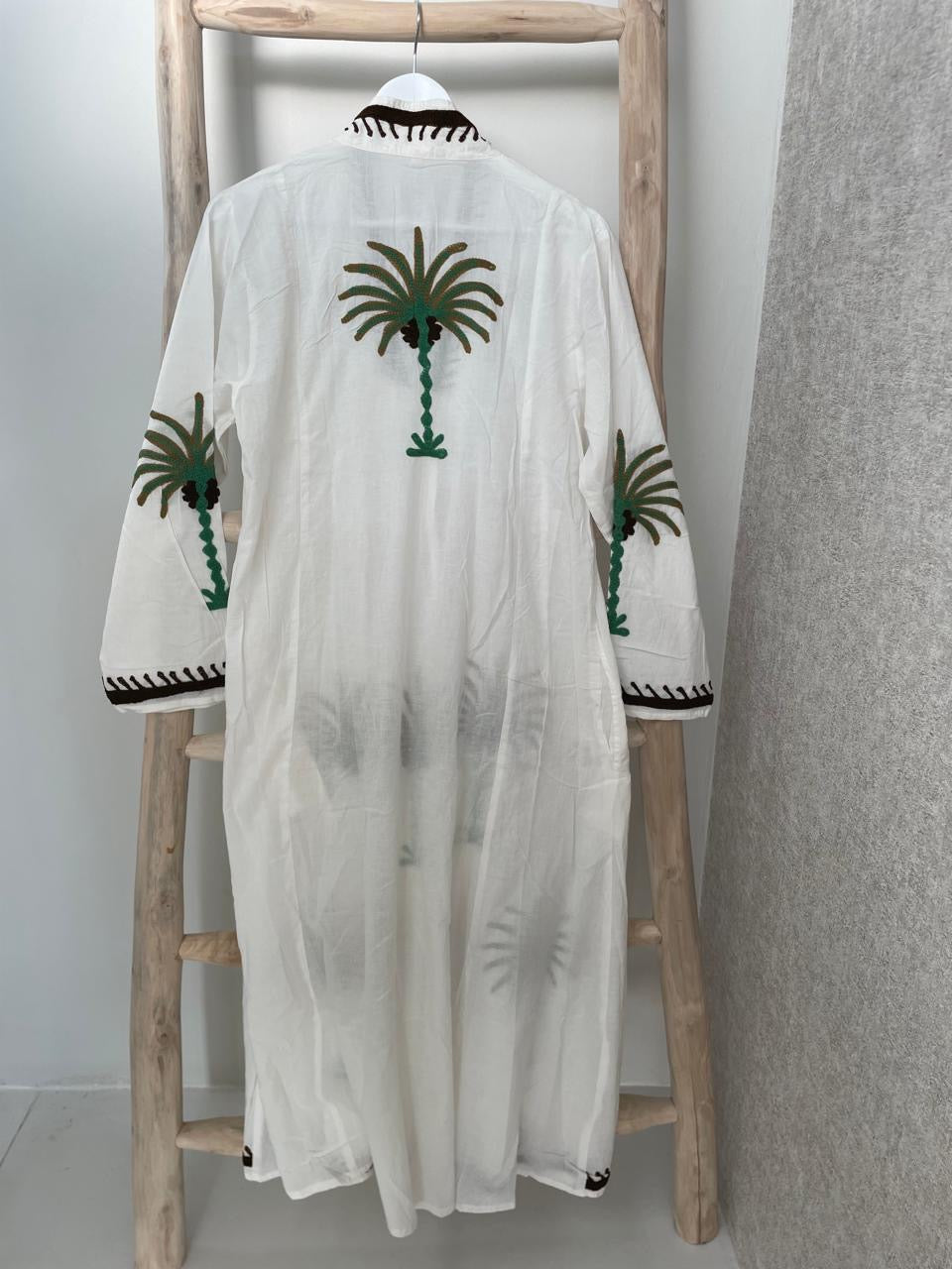 White dress with embroidered green & brown palm