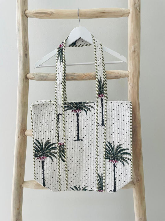 White Tote Bag with green floral palm pattern