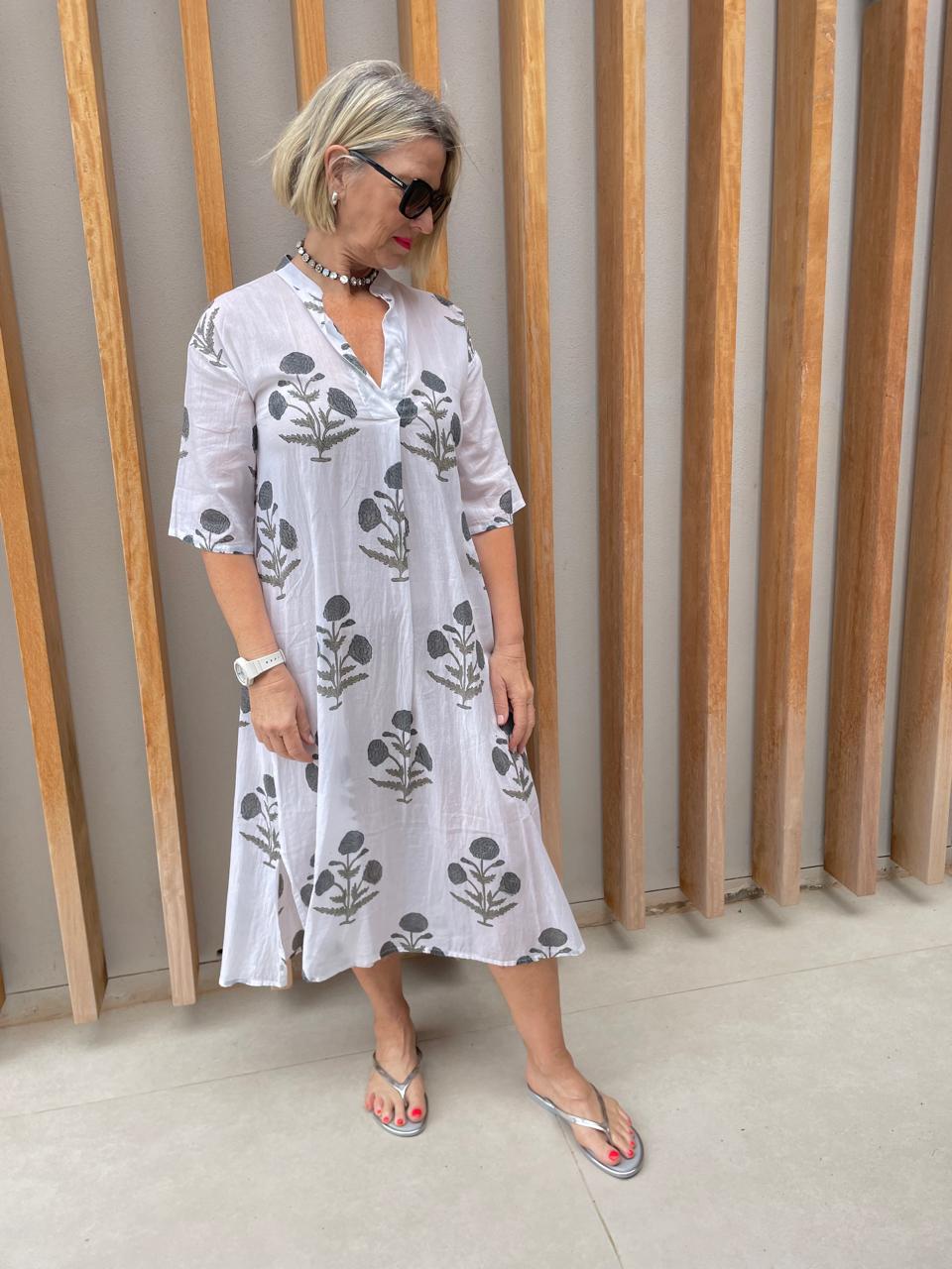 White & grey poppies dress