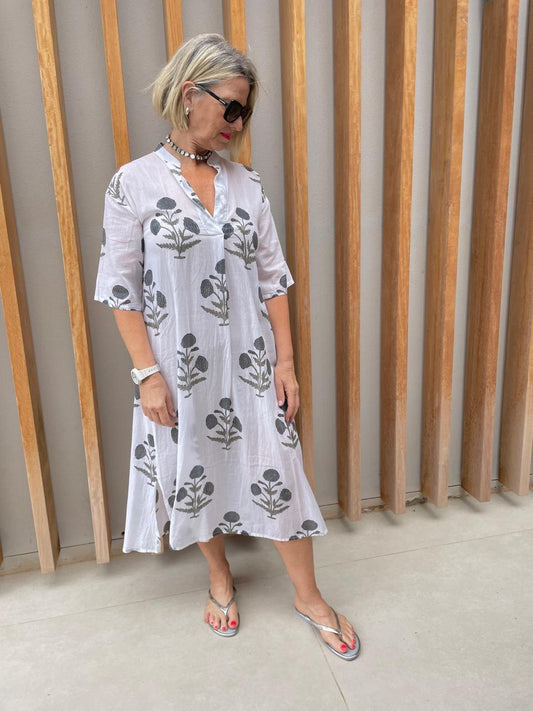 White & grey poppies dress