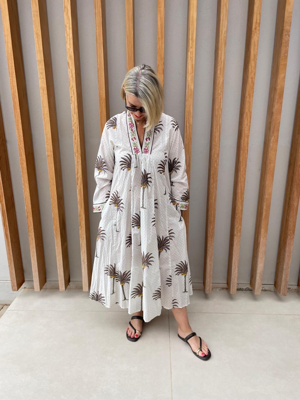 White dress with olive & grey palm design