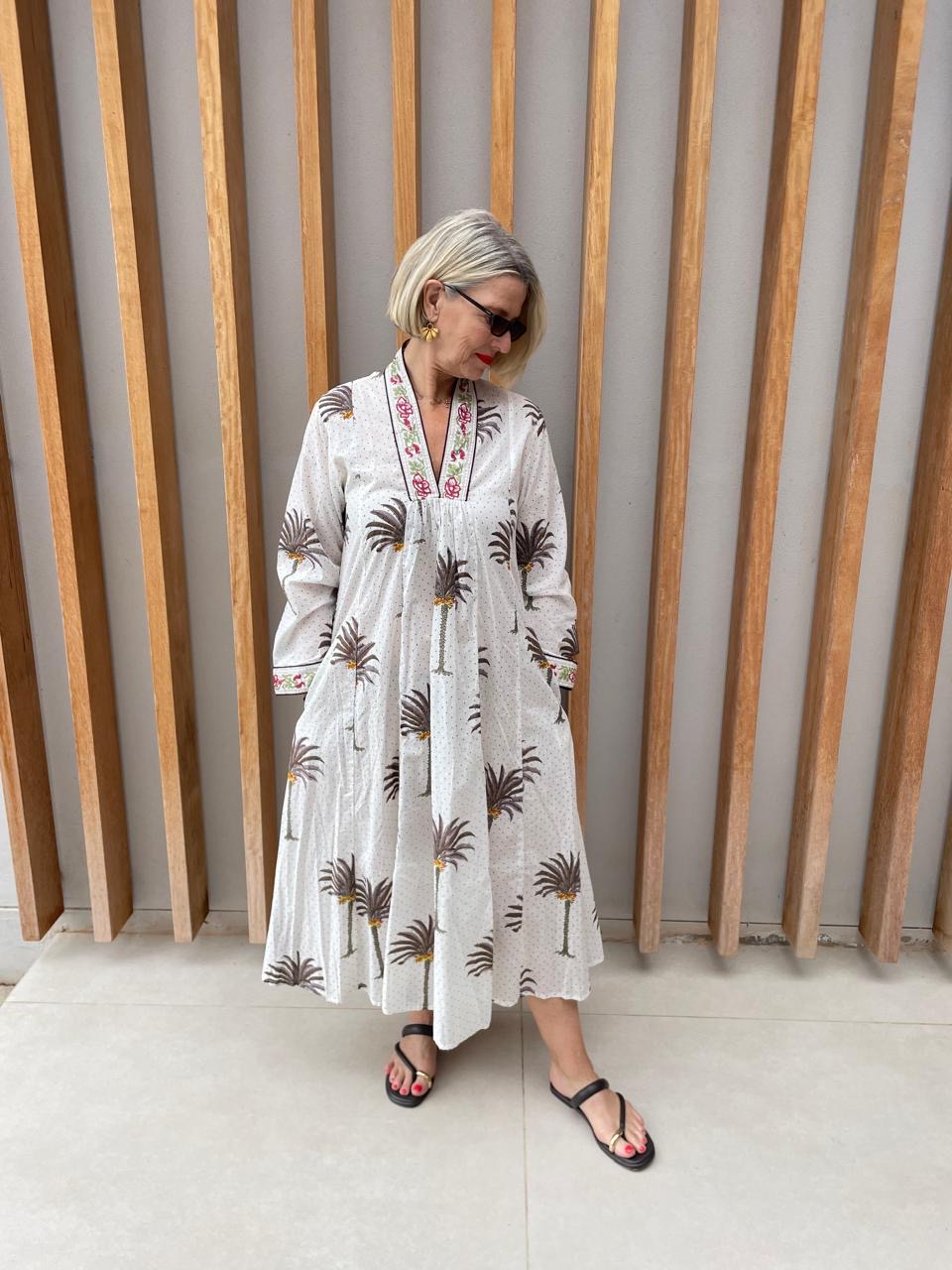 White dress with olive & grey palm design