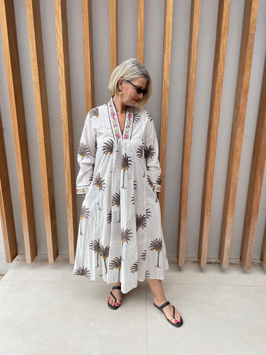 White dress with olive & grey palm design