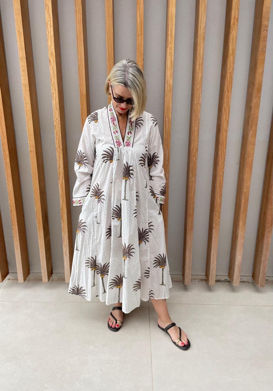 White dress with olive & grey palm design