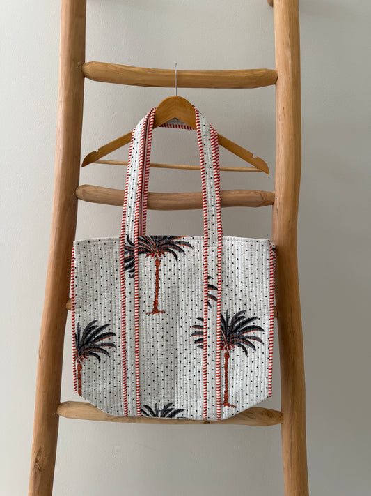 White Tote Bag with grey palm pattern
