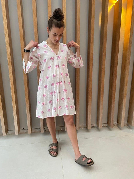 White dress with floral pink palm