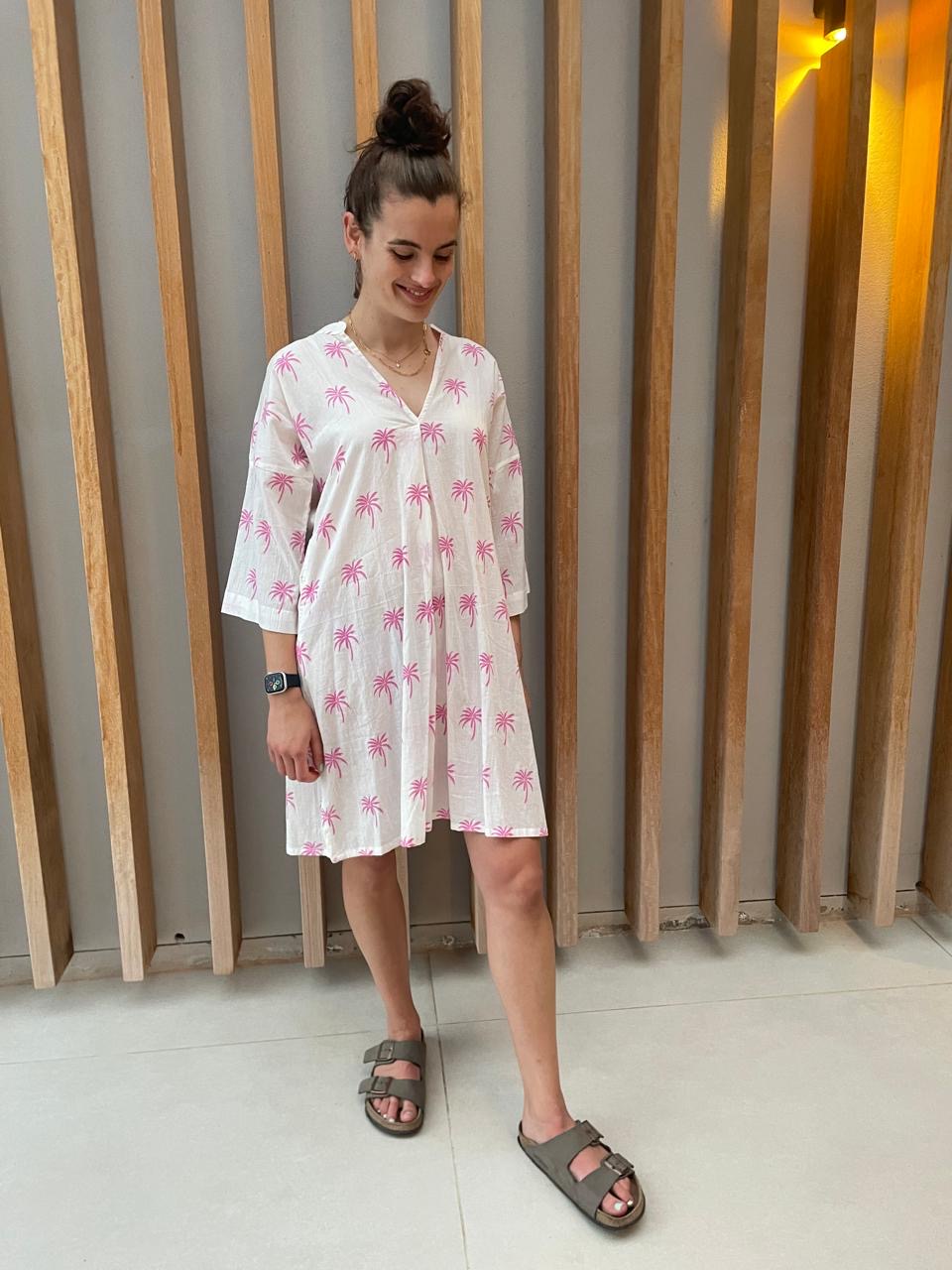 White dress with floral pink palm