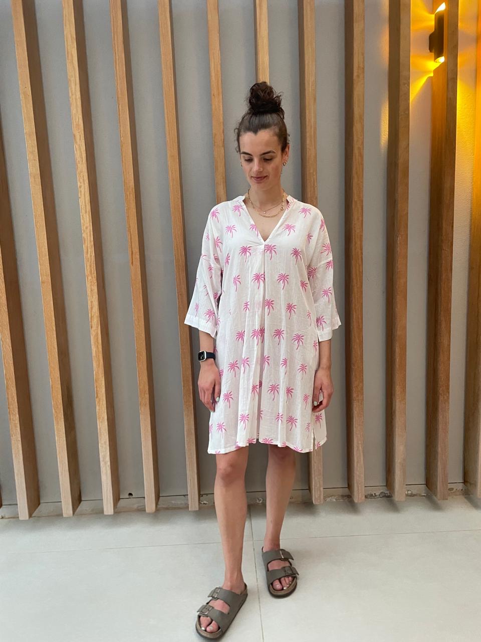 White dress with floral pink palm