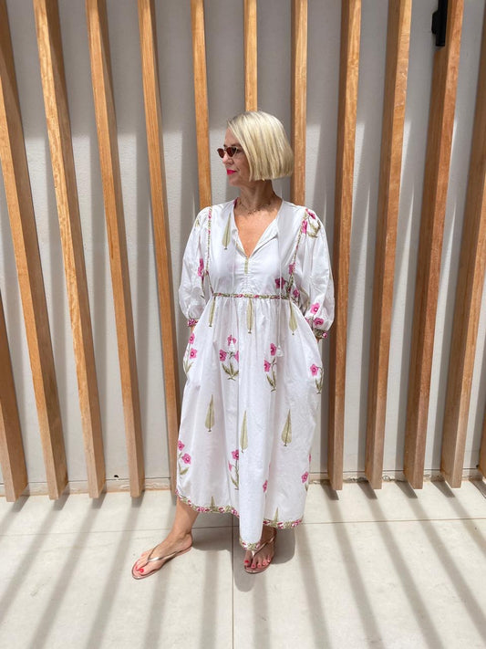 White dress with red & green flower