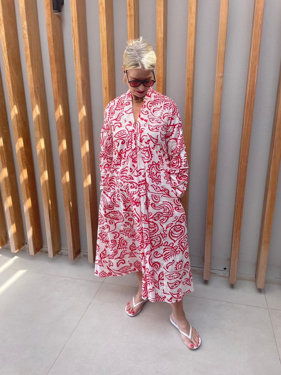 White dress with bold red pattern
