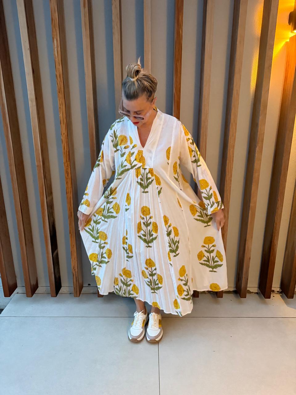 White dress with yellow poppies pattern