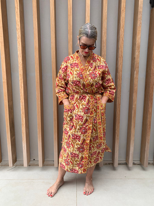 Yellow Kimono with Red floral pattern