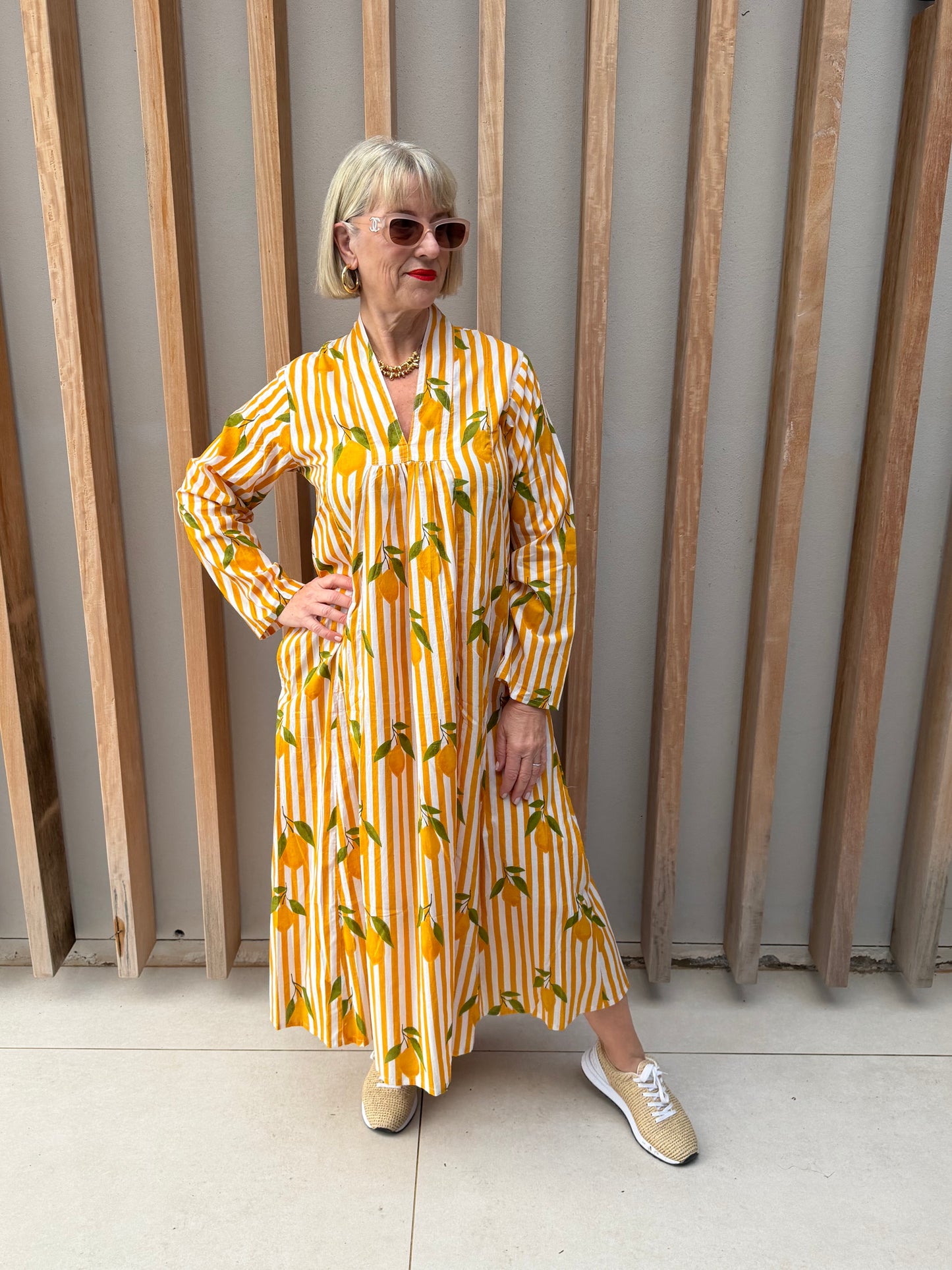 Yellow & white striped dress with lemon pattern