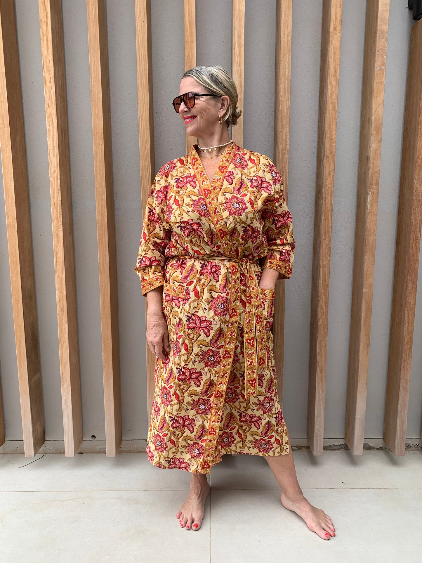 Yellow Kimono with Red floral pattern