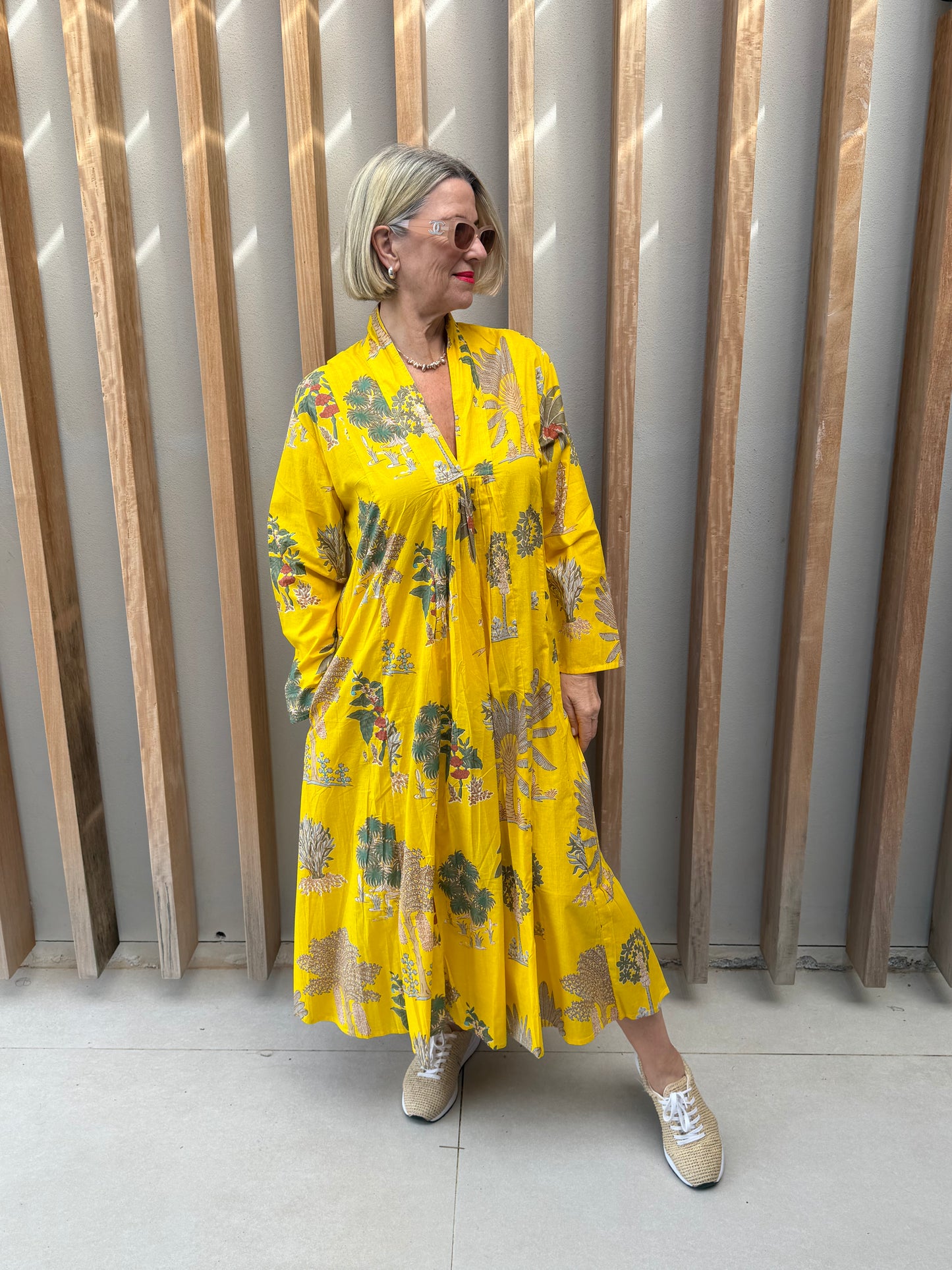Yellow dress with beige & green forrest & palm