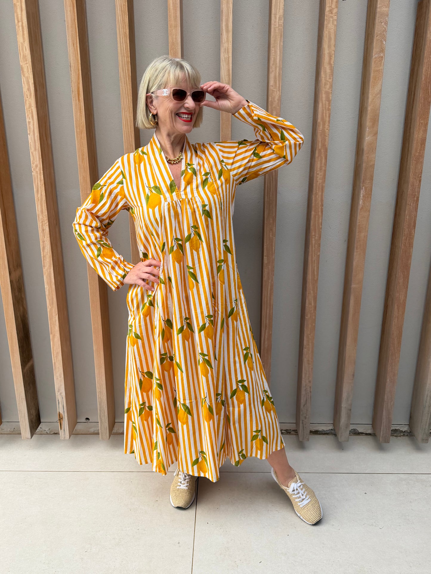 Yellow & white striped dress with lemon pattern