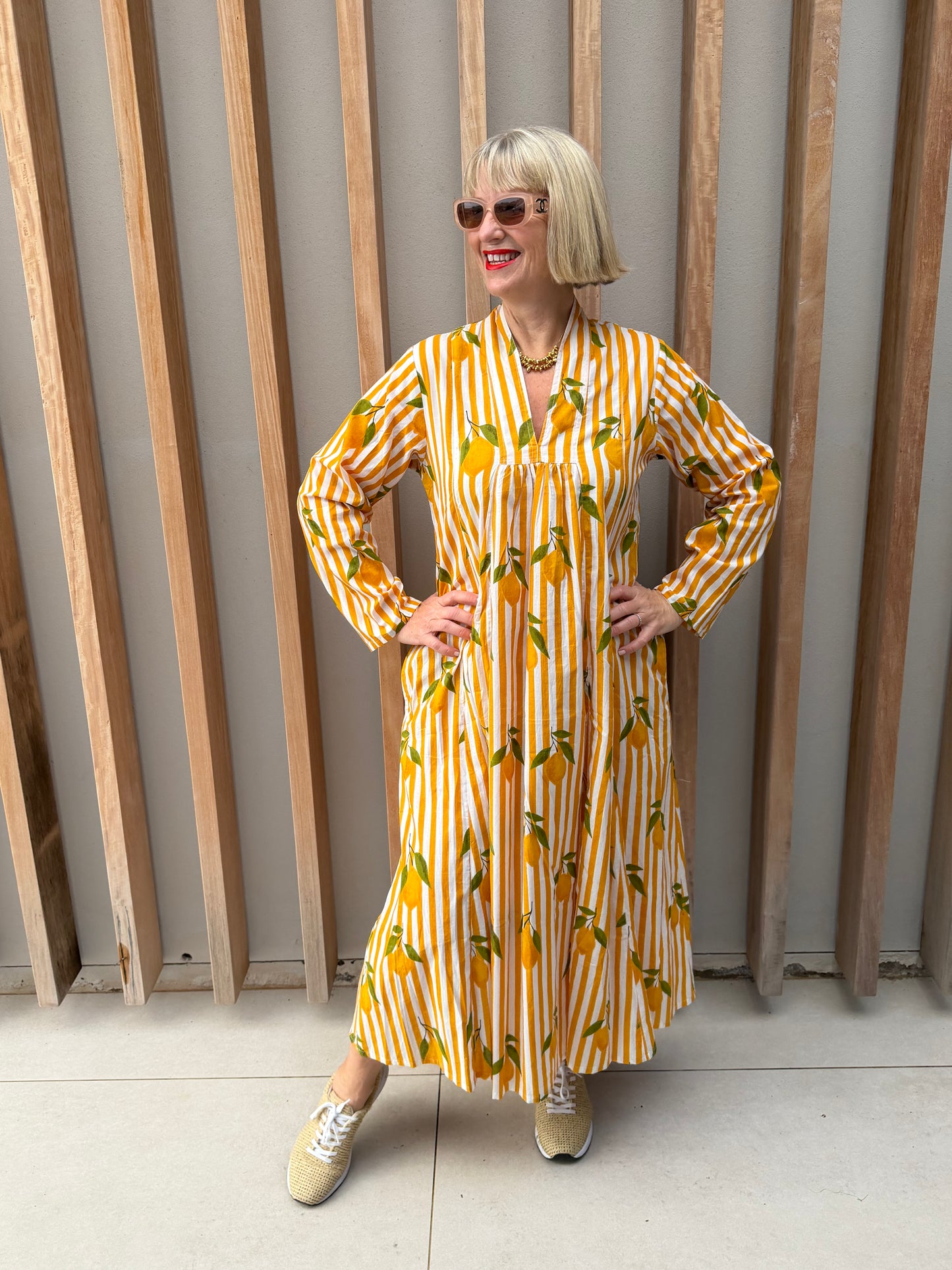 Yellow & white striped dress with lemon pattern