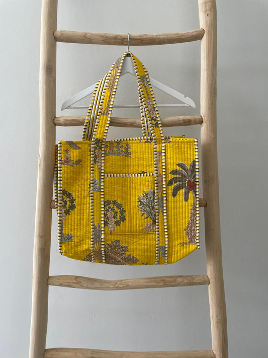 Tote Bag: Yellow green & beige palm