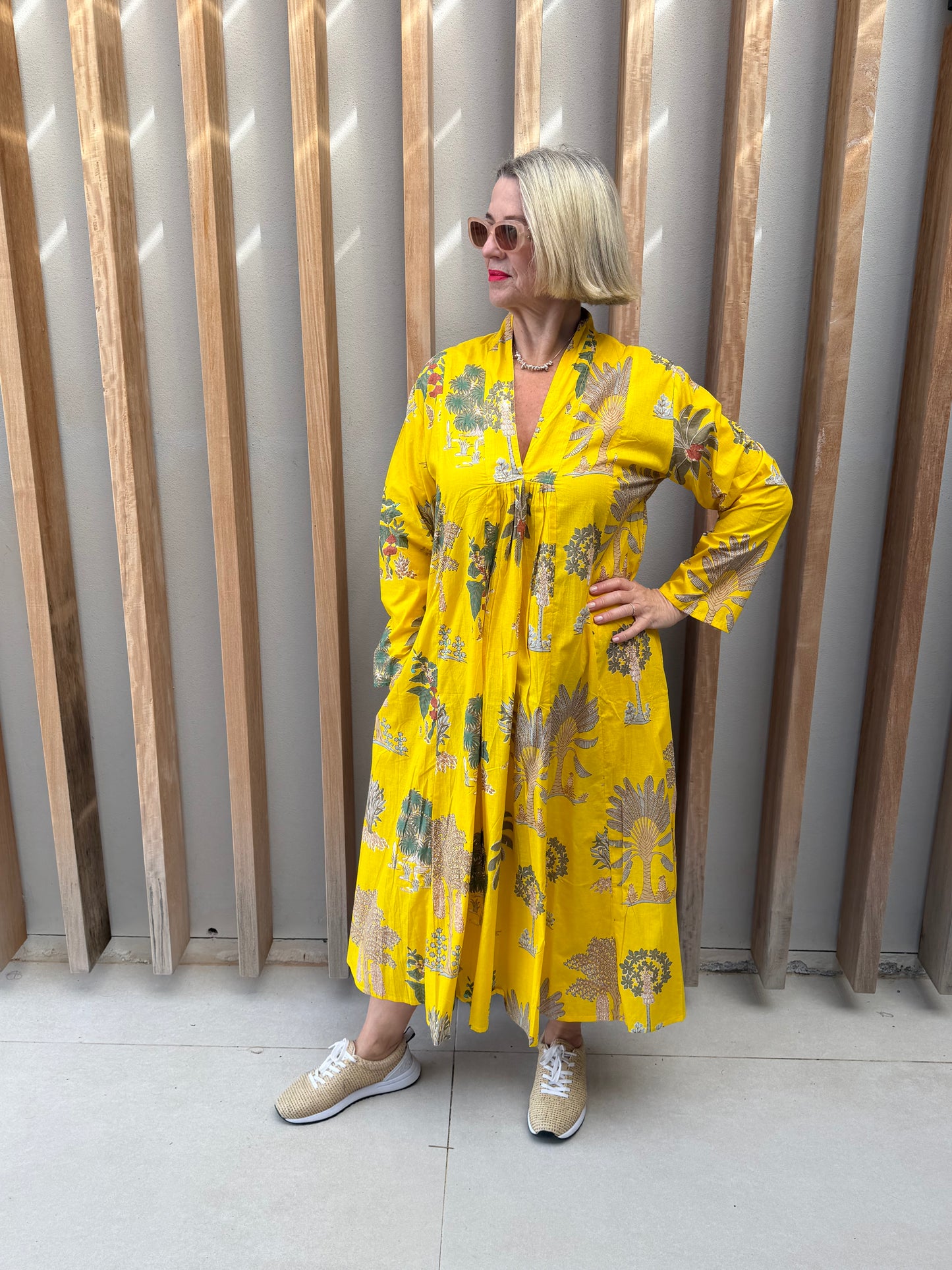 Yellow dress with beige & green forrest & palm