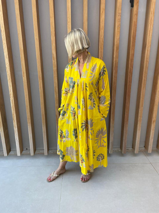 Yellow dress with beige & green forrest & palm