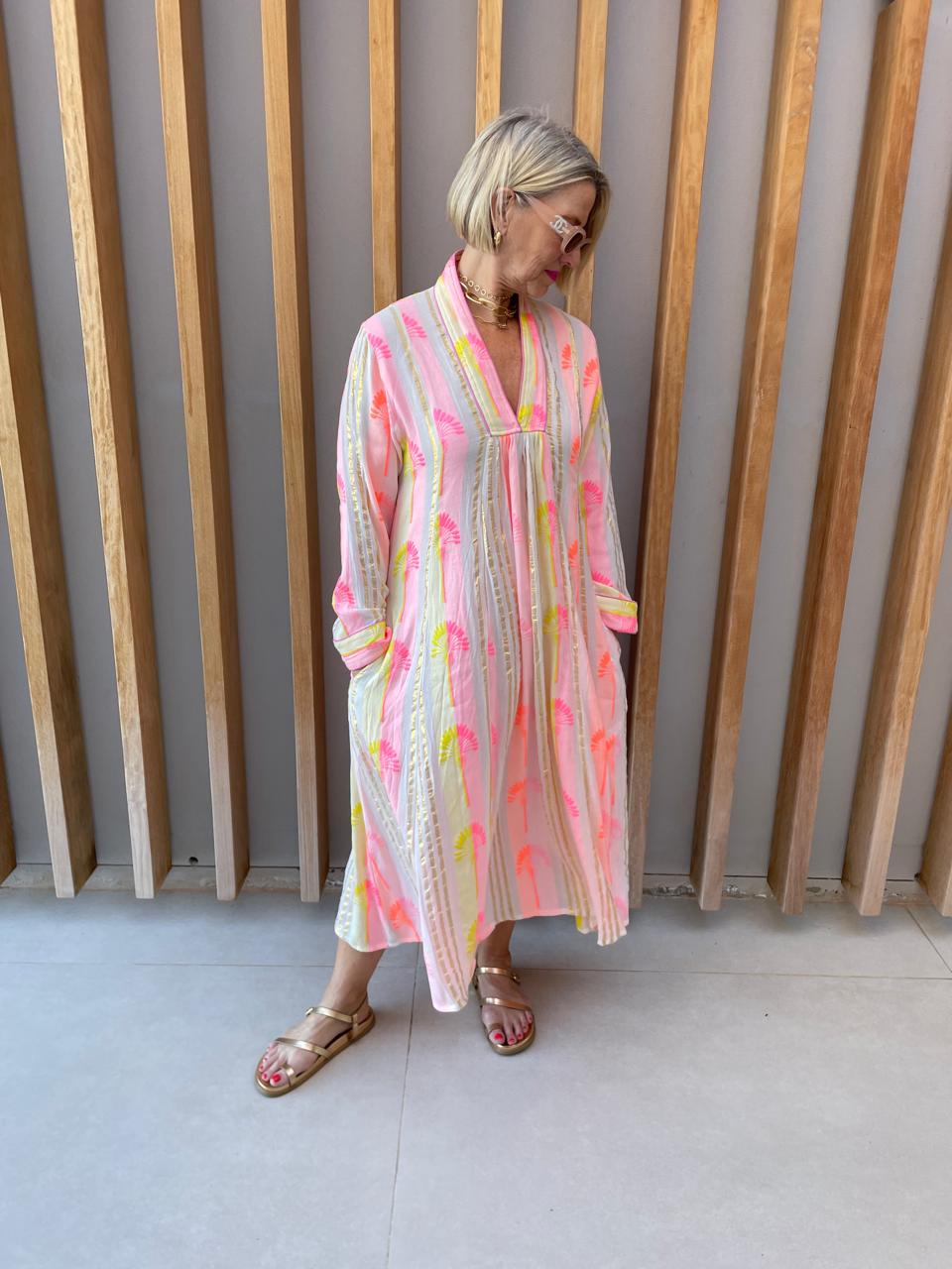 Pink yellow & gold striped dress with pink palm