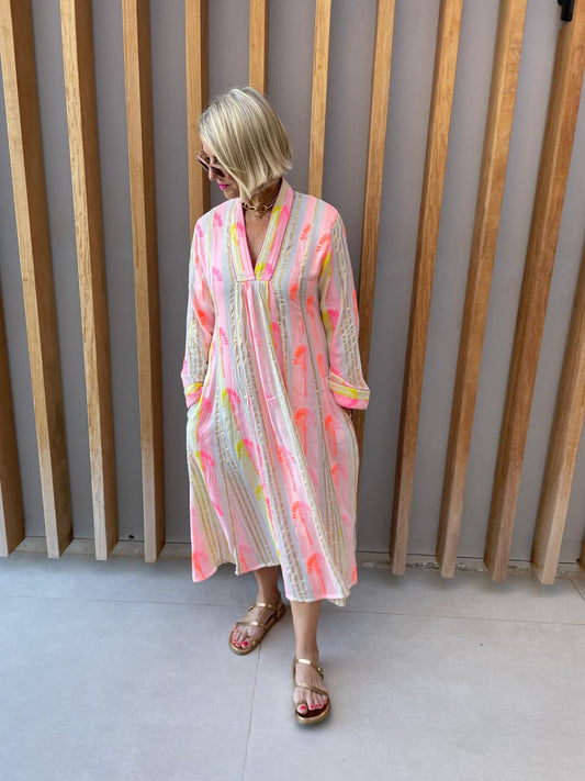 Pink yellow & gold striped dress with pink palm