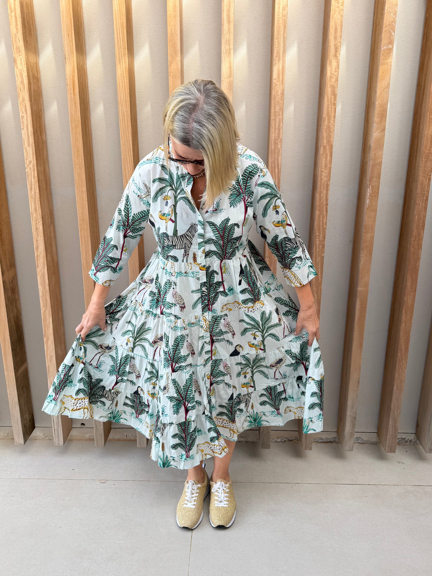 Green floral animal palm dress (button-up)