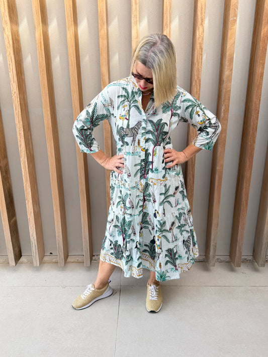 Green floral animal palm dress (button-up)