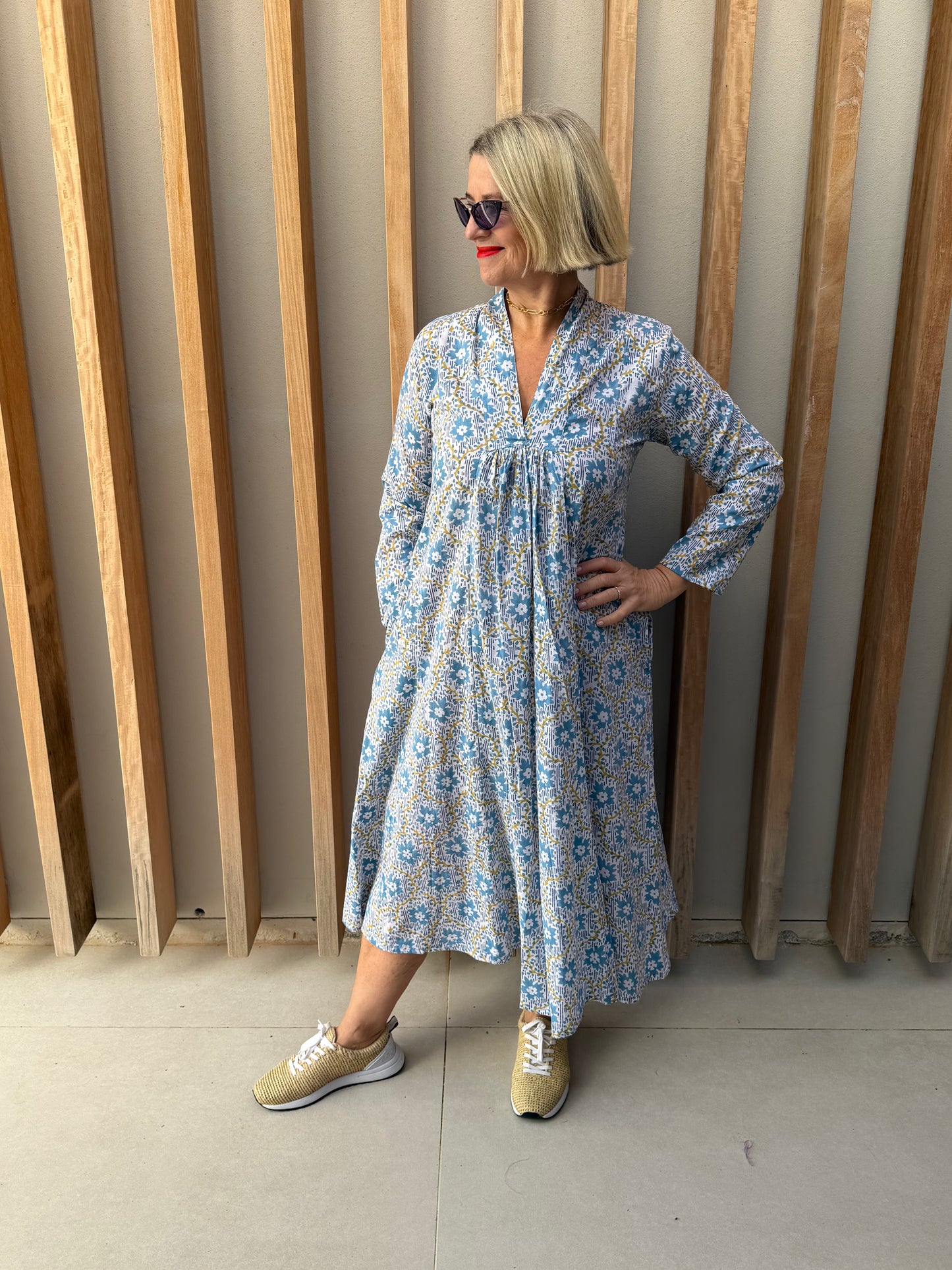 Blue & beige floral pattern dress