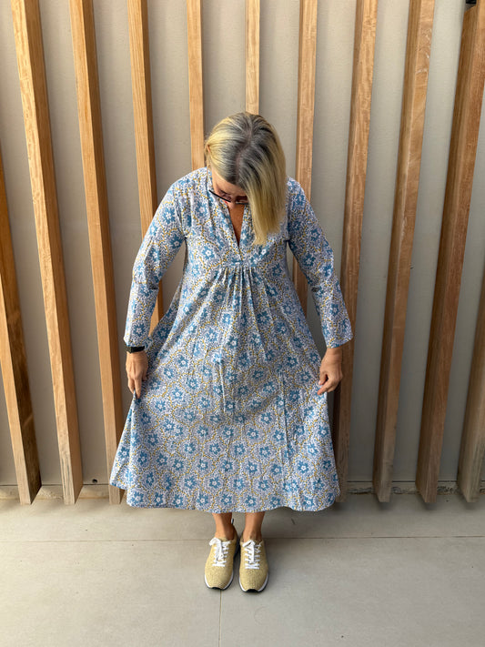 Blue & beige floral pattern dress