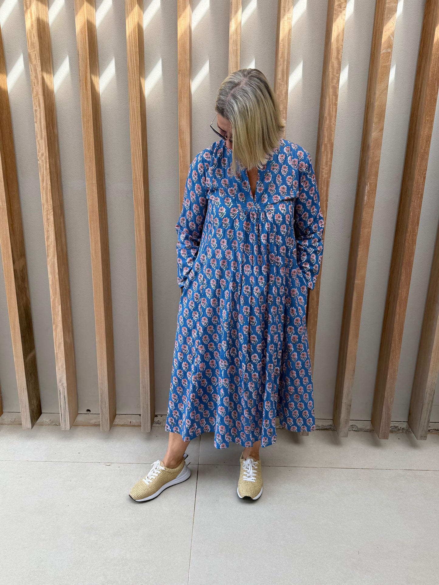 Blue dress with pink floral pattern