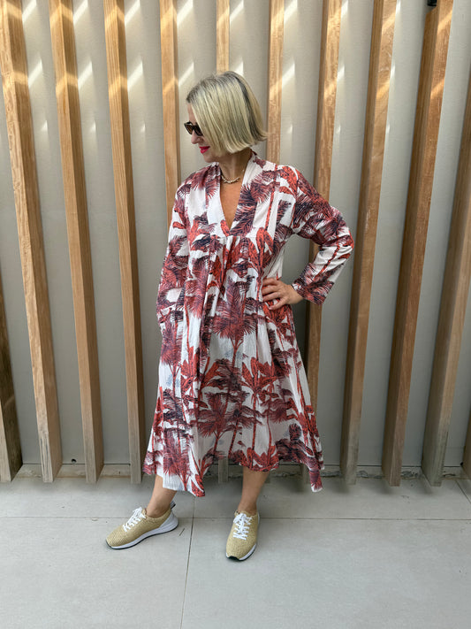 White dress with burned orange palm pattern