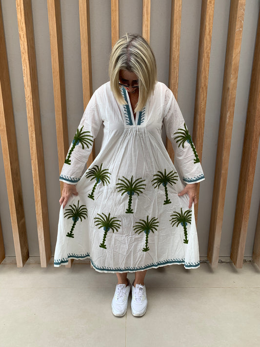 White dress with embroidered olive & green palm