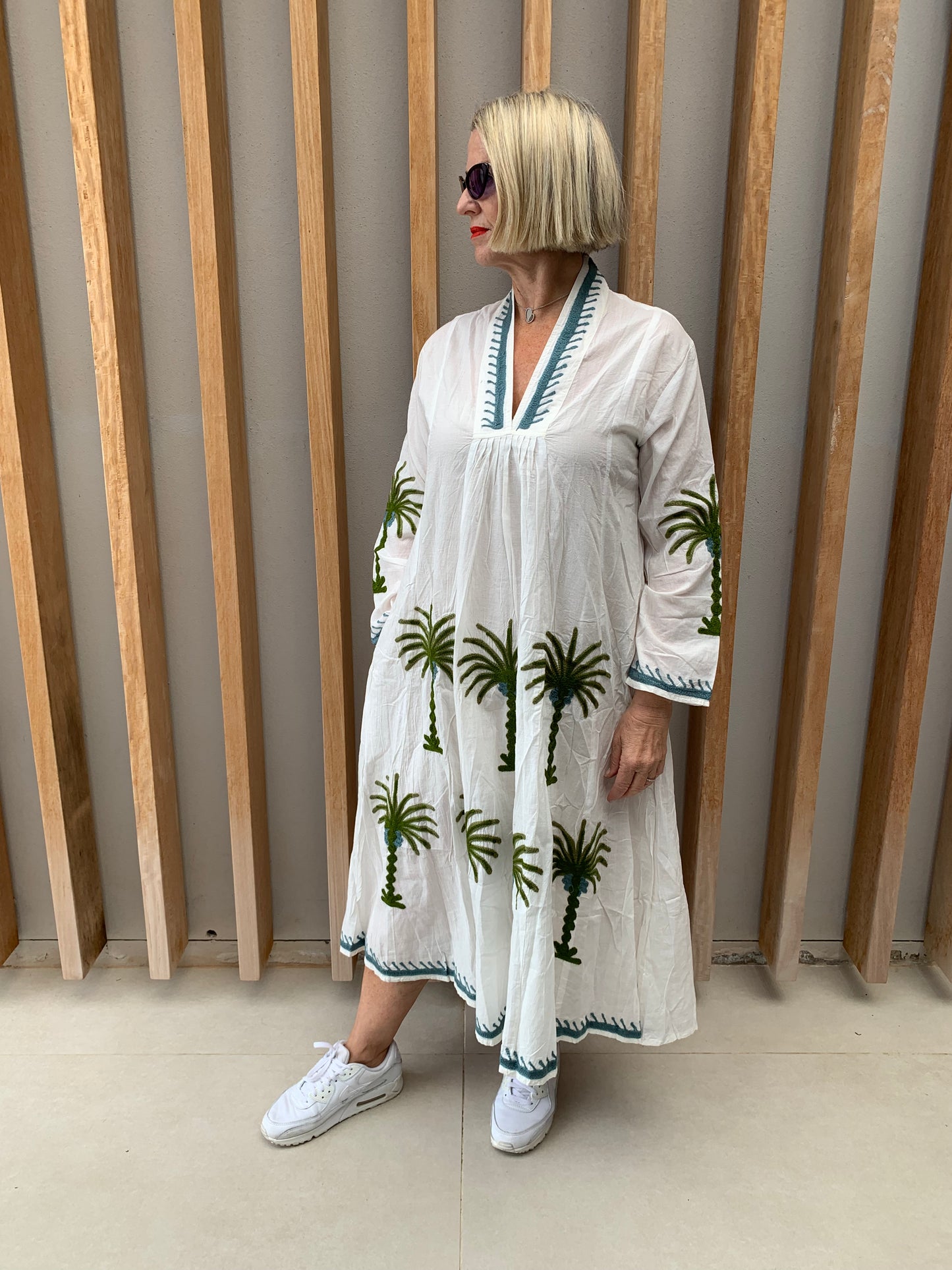 White dress with embroidered olive & green palm