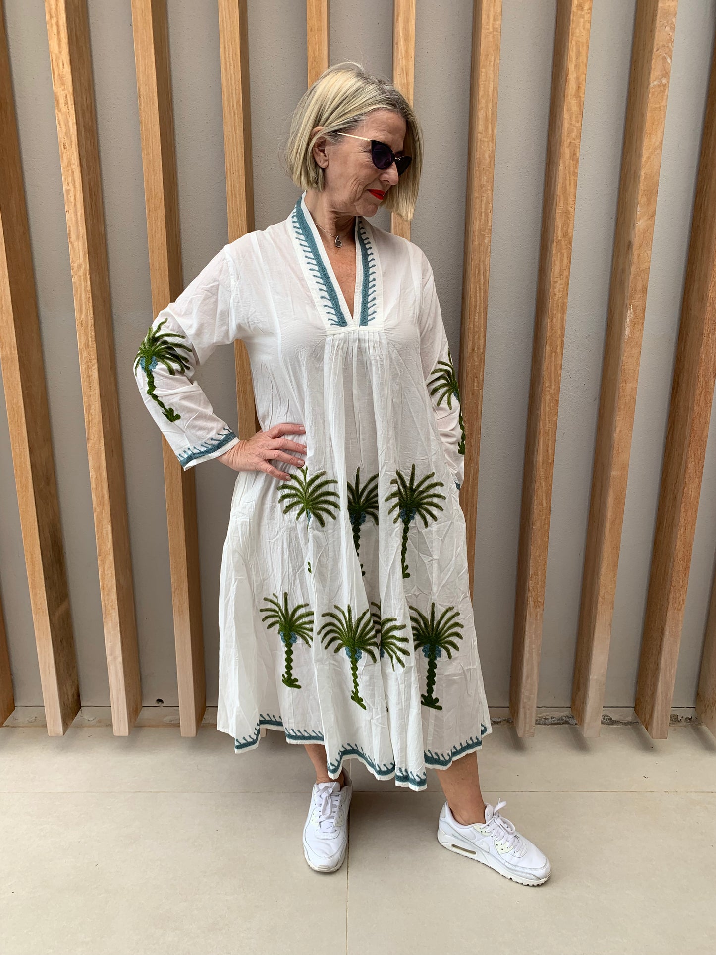 White dress with embroidered olive & green palm