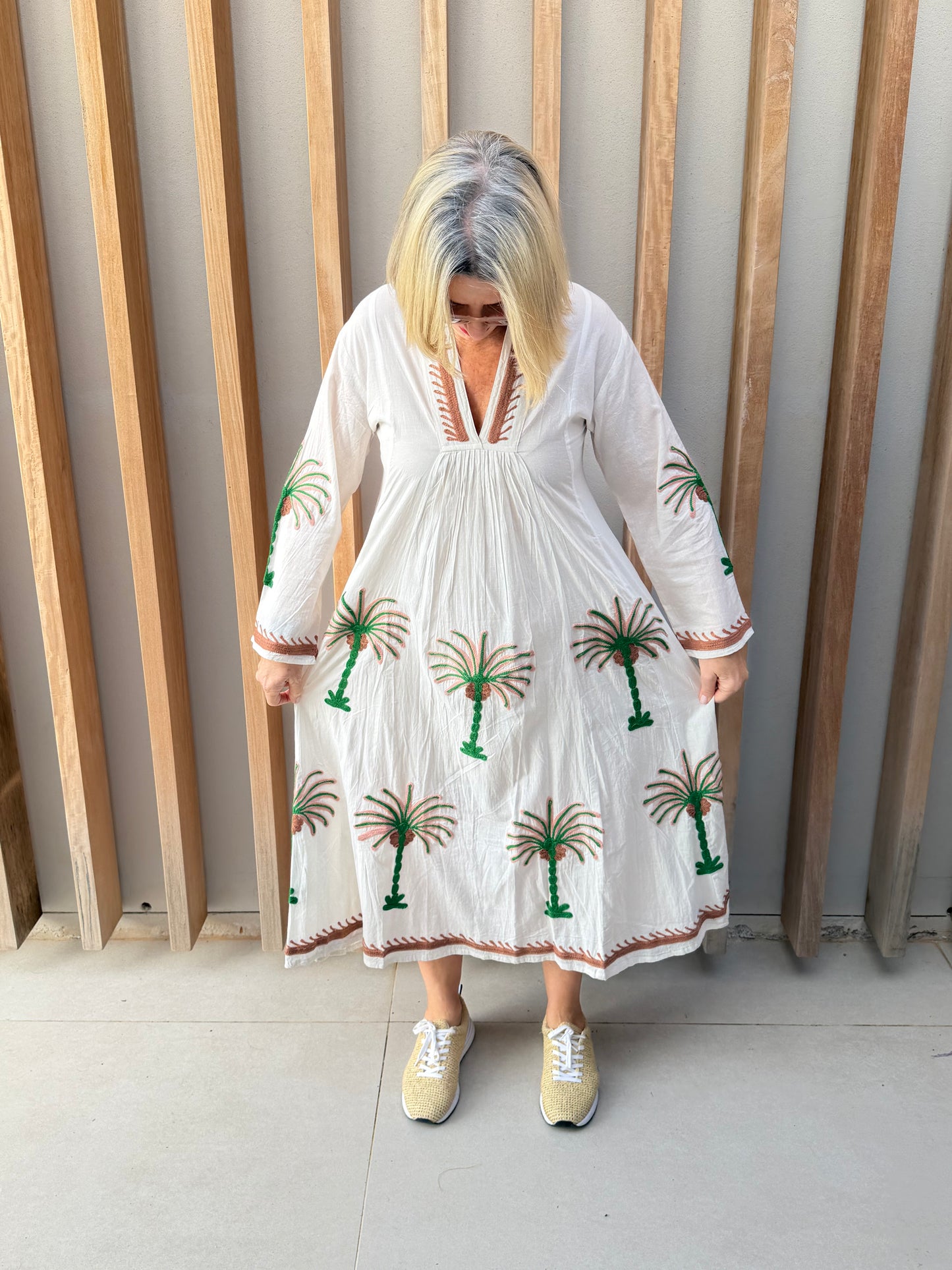 White dress with embroidered green & brown palm
