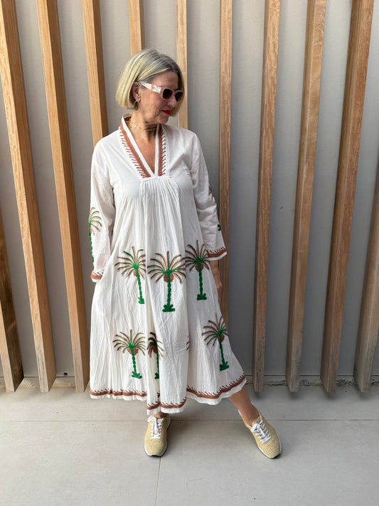 White dress with embroidered green & brown palm