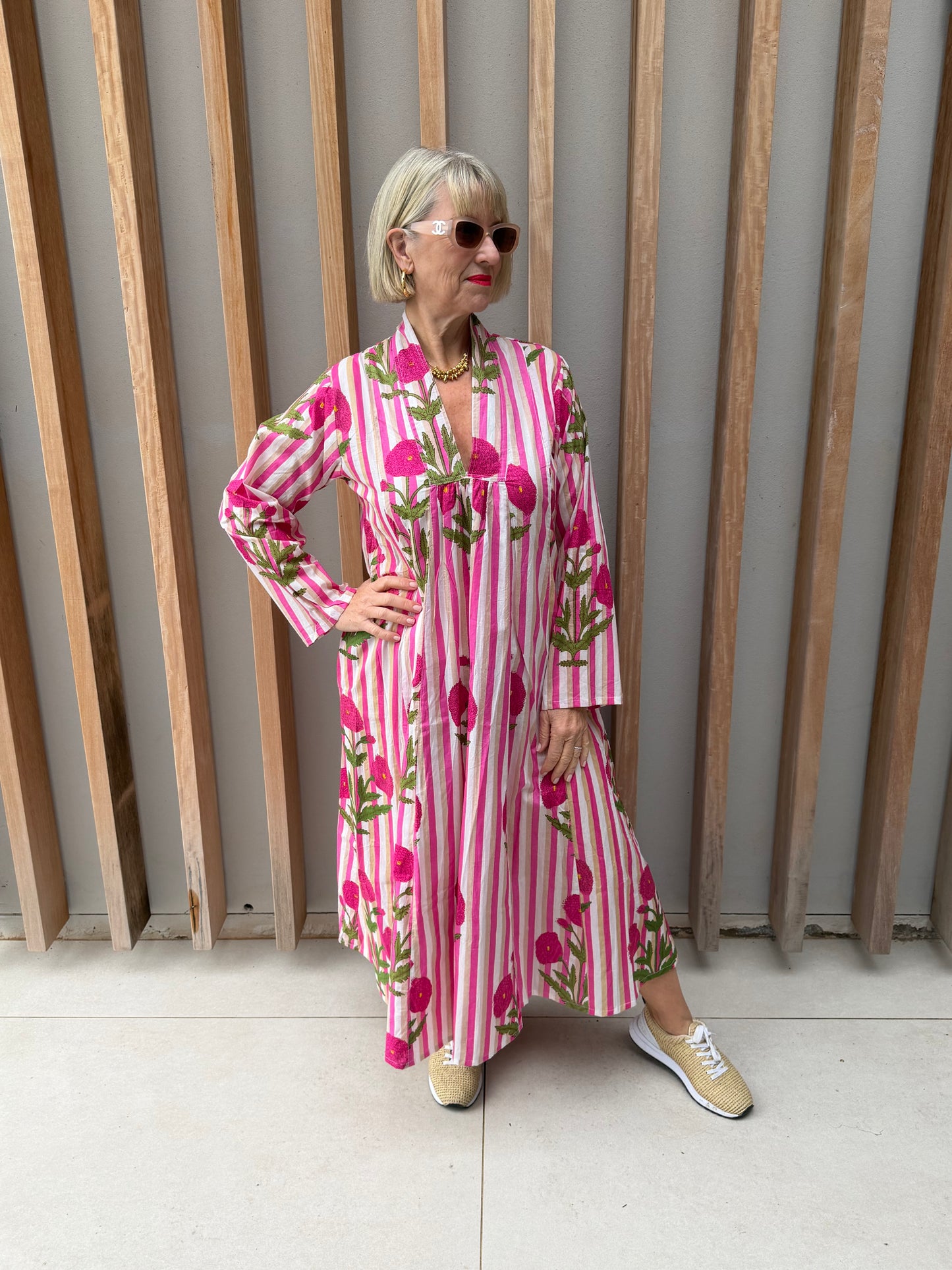 Pink, beige & white striped dress with pink poppy pattern