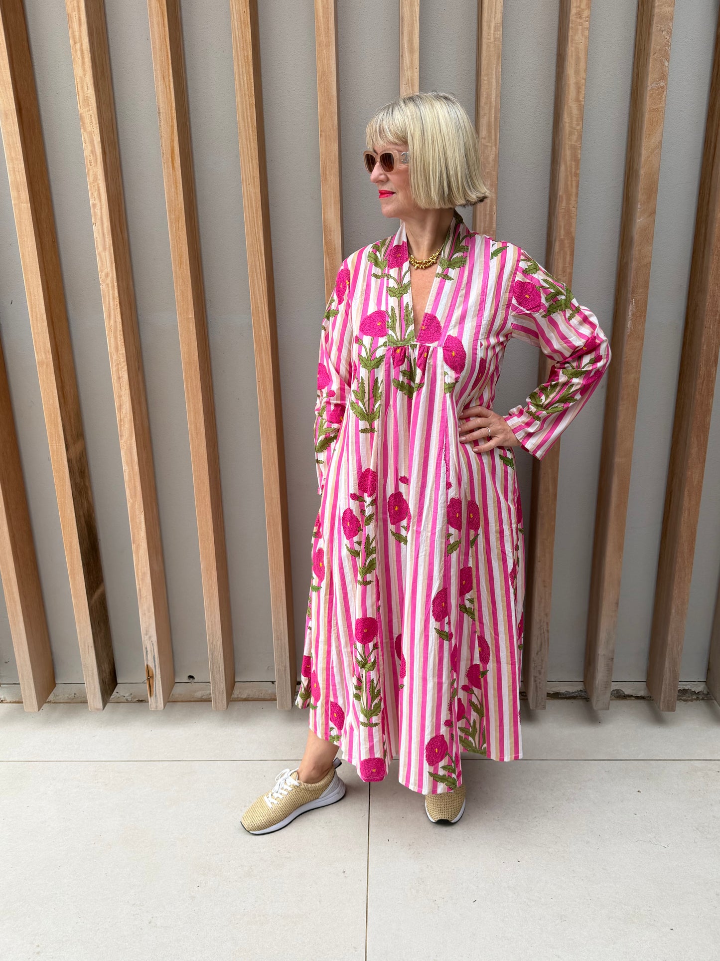 Pink, beige & white striped dress with pink poppy pattern