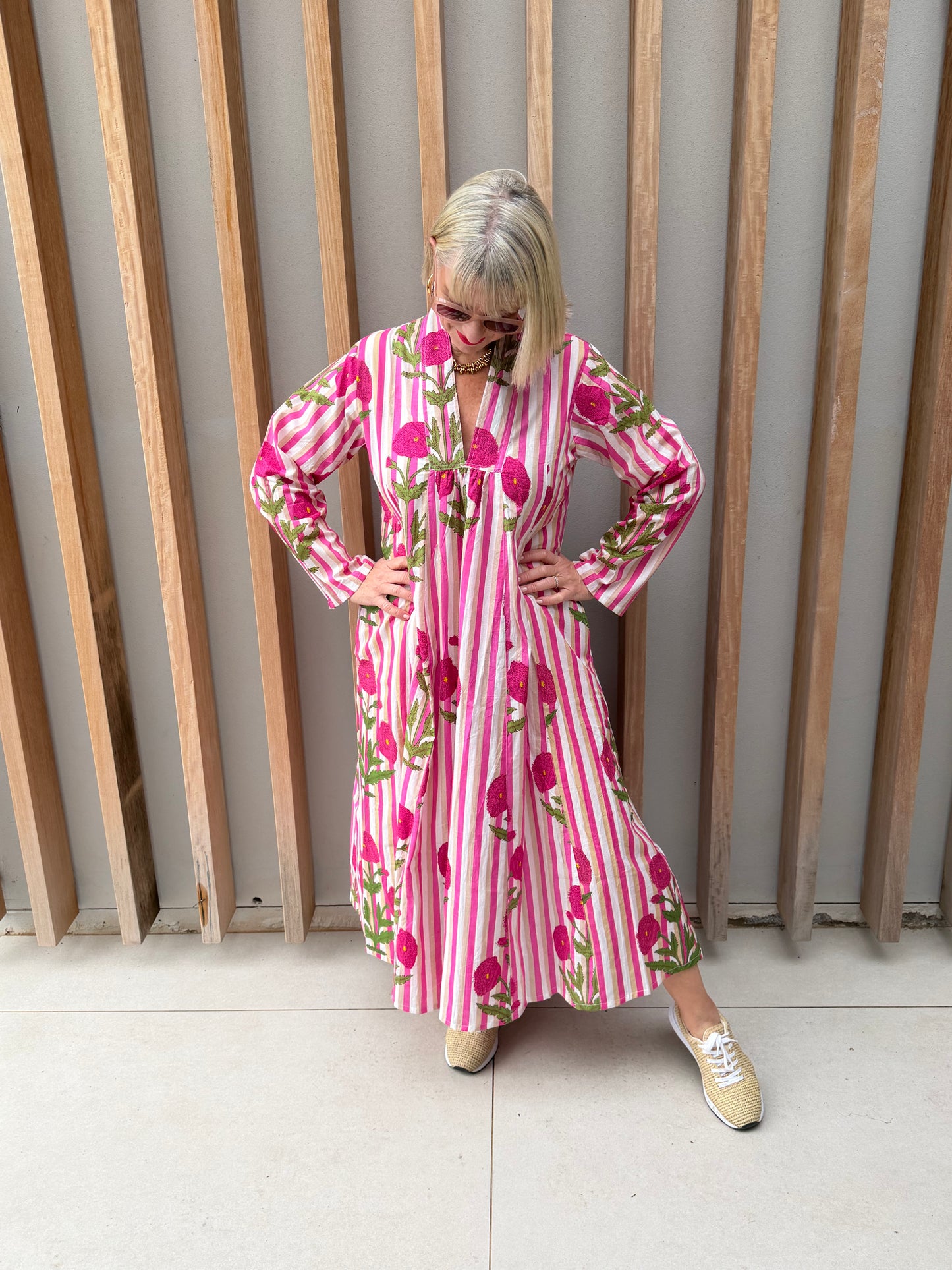 Pink, beige & white striped dress with pink poppy pattern