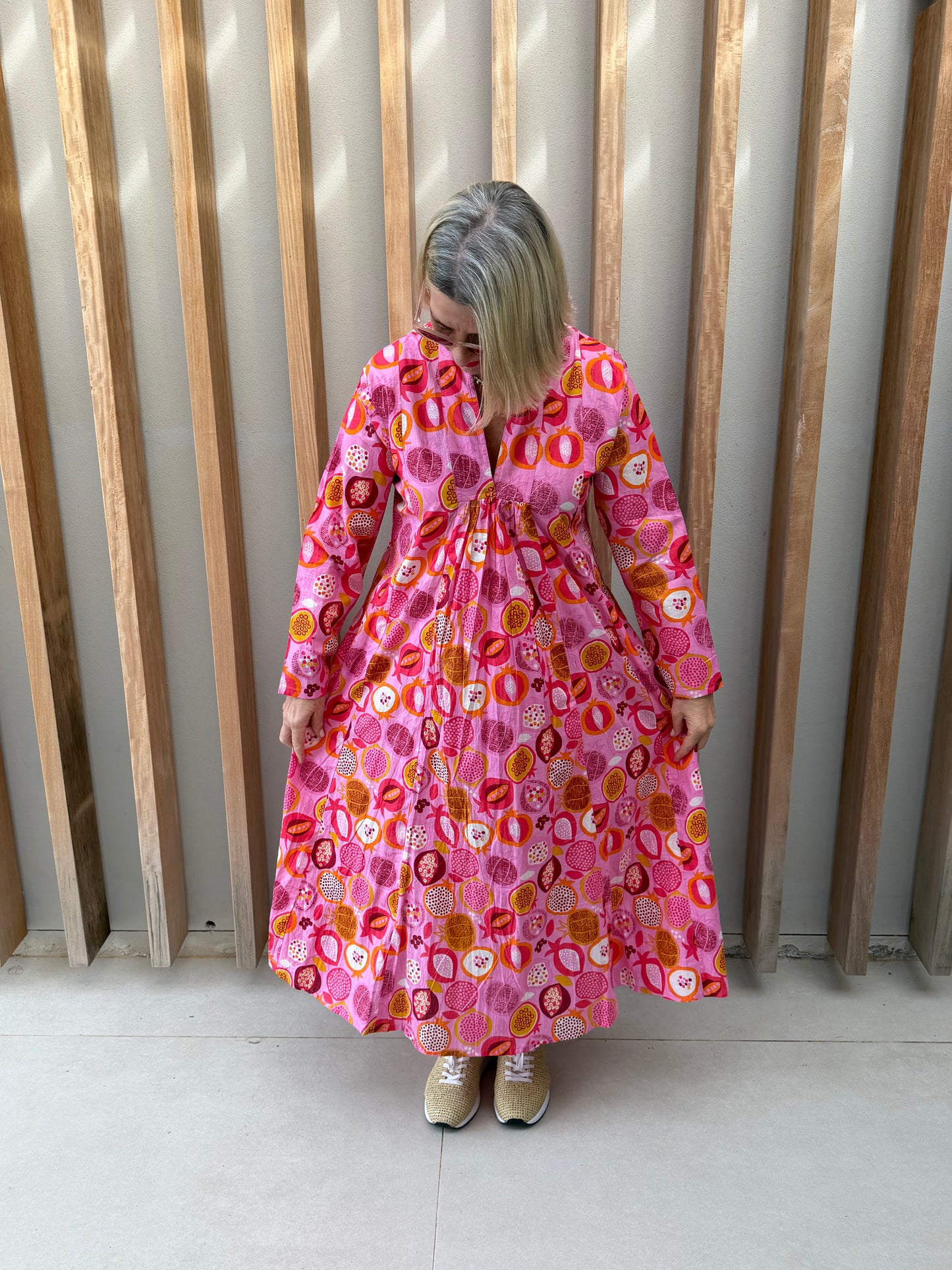 Pink dress with floral fruit pattern