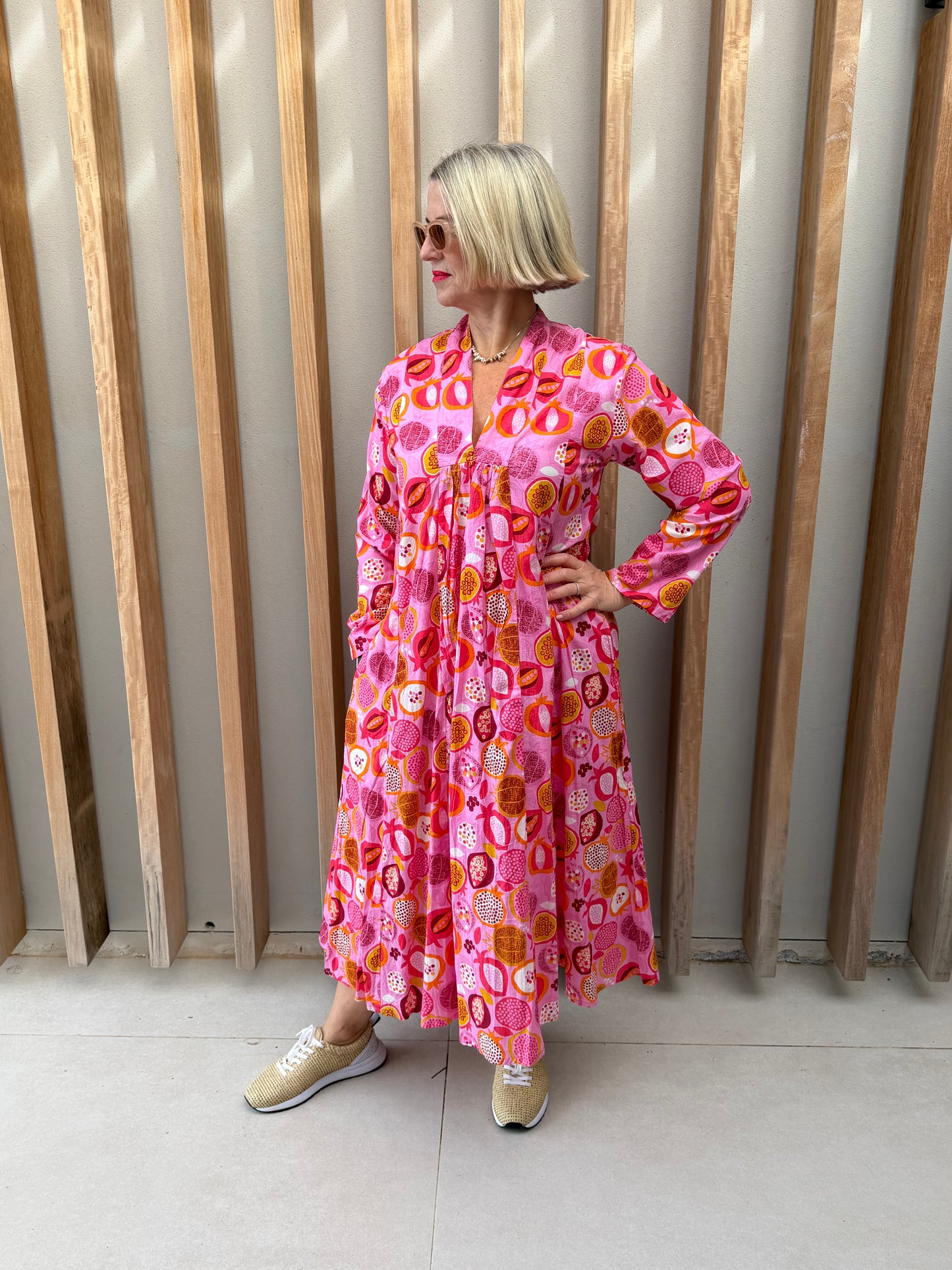 Pink dress with floral fruit pattern