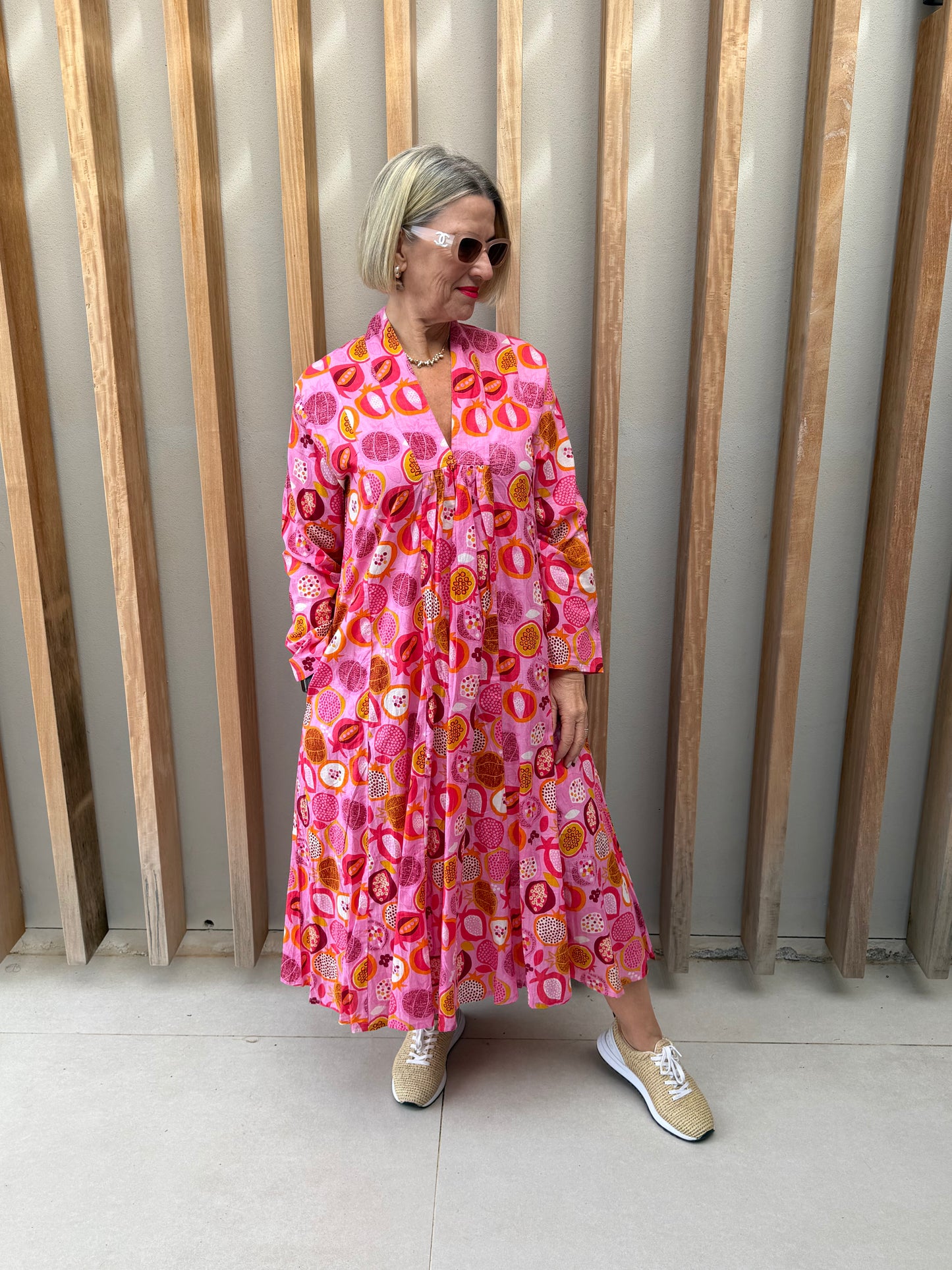 Pink dress with floral fruit pattern