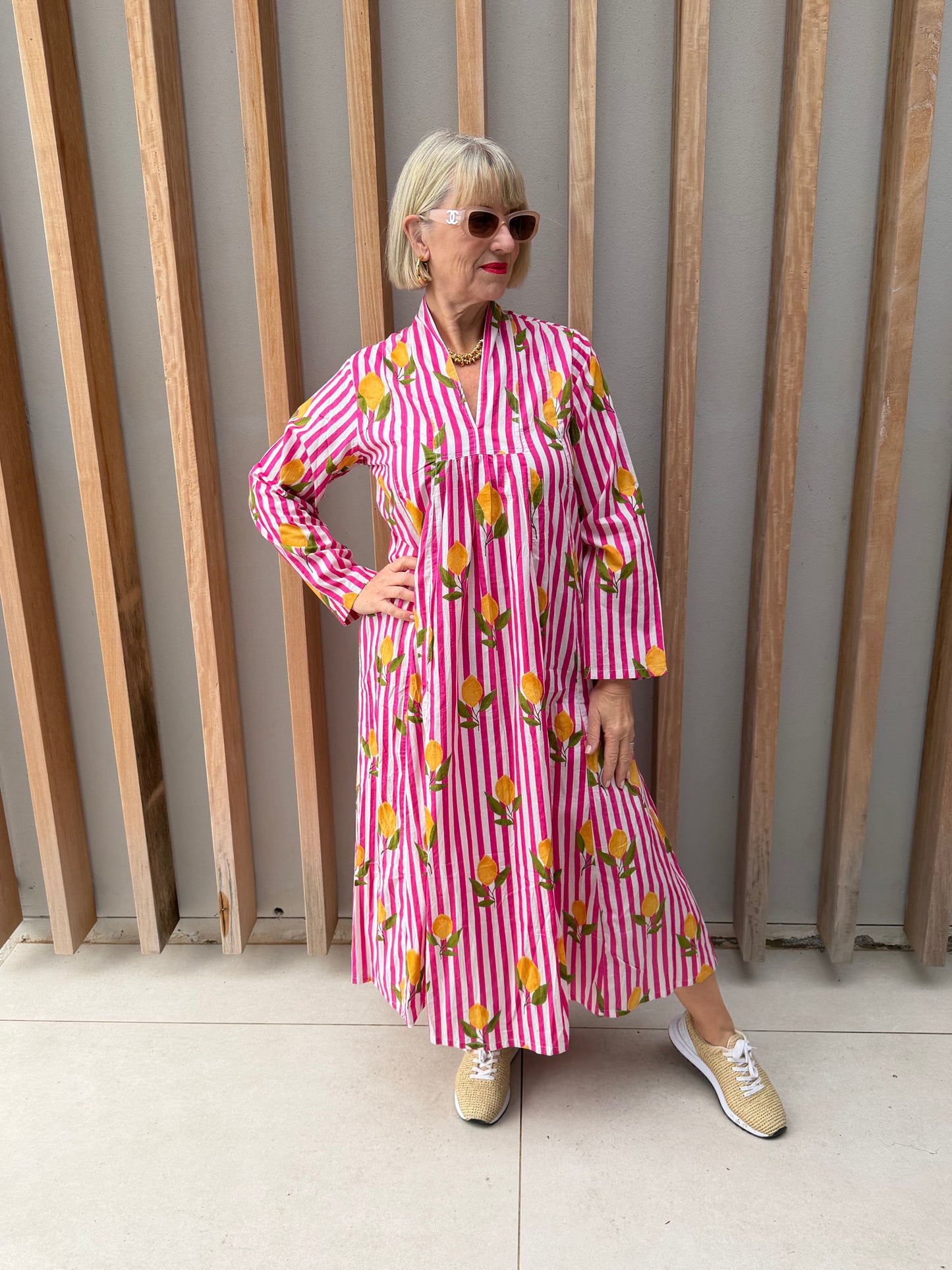 Pink & white striped dress with lemon pattern
