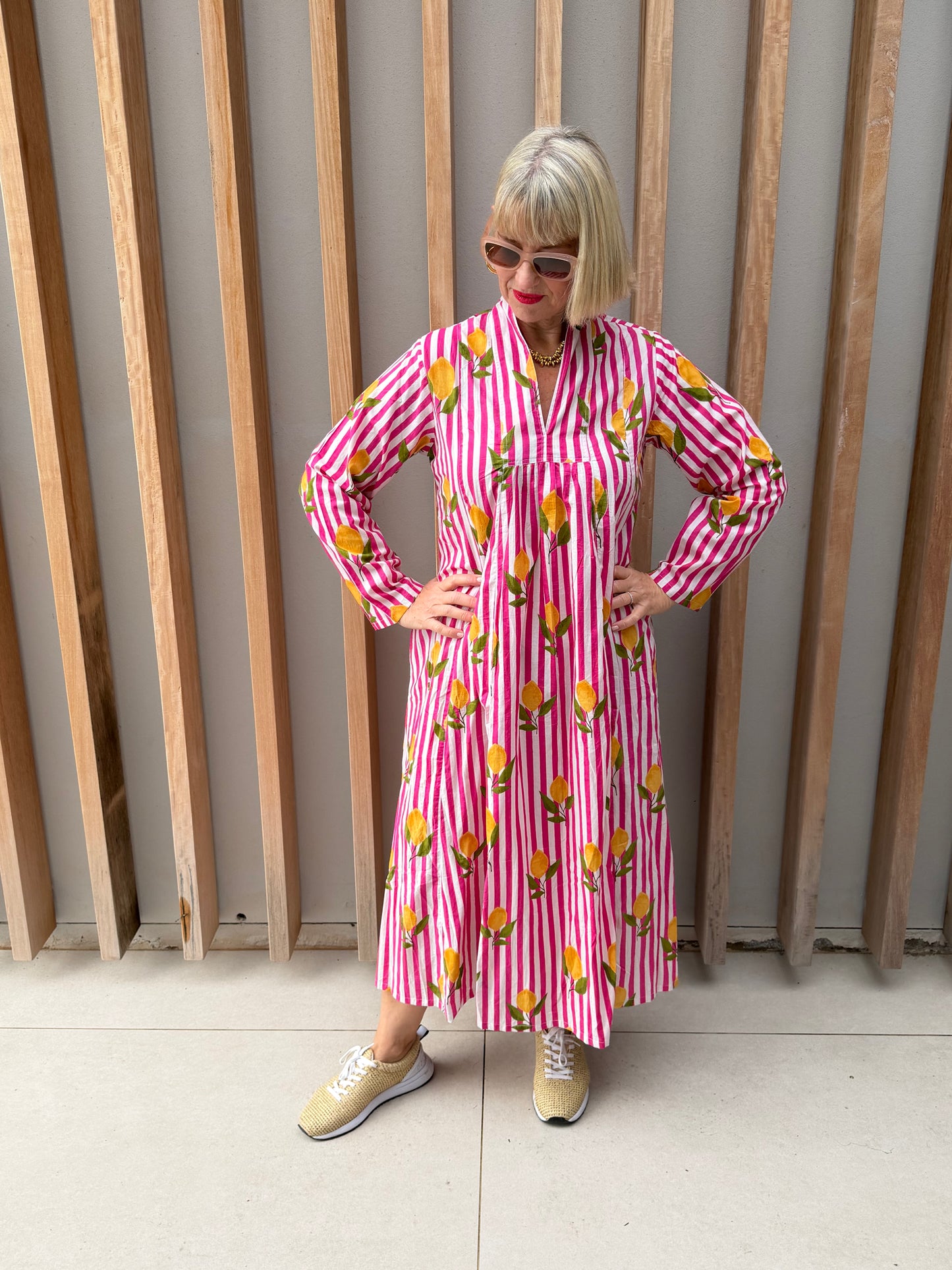 Pink & white striped dress with lemon pattern