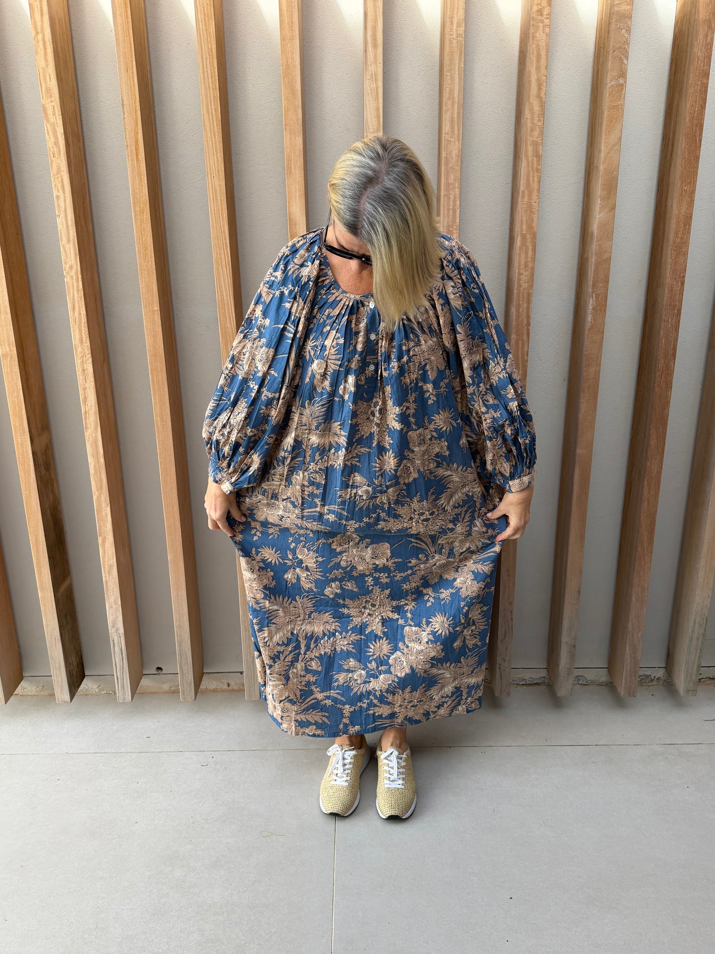 Sky blue dress with beige floral pattern
